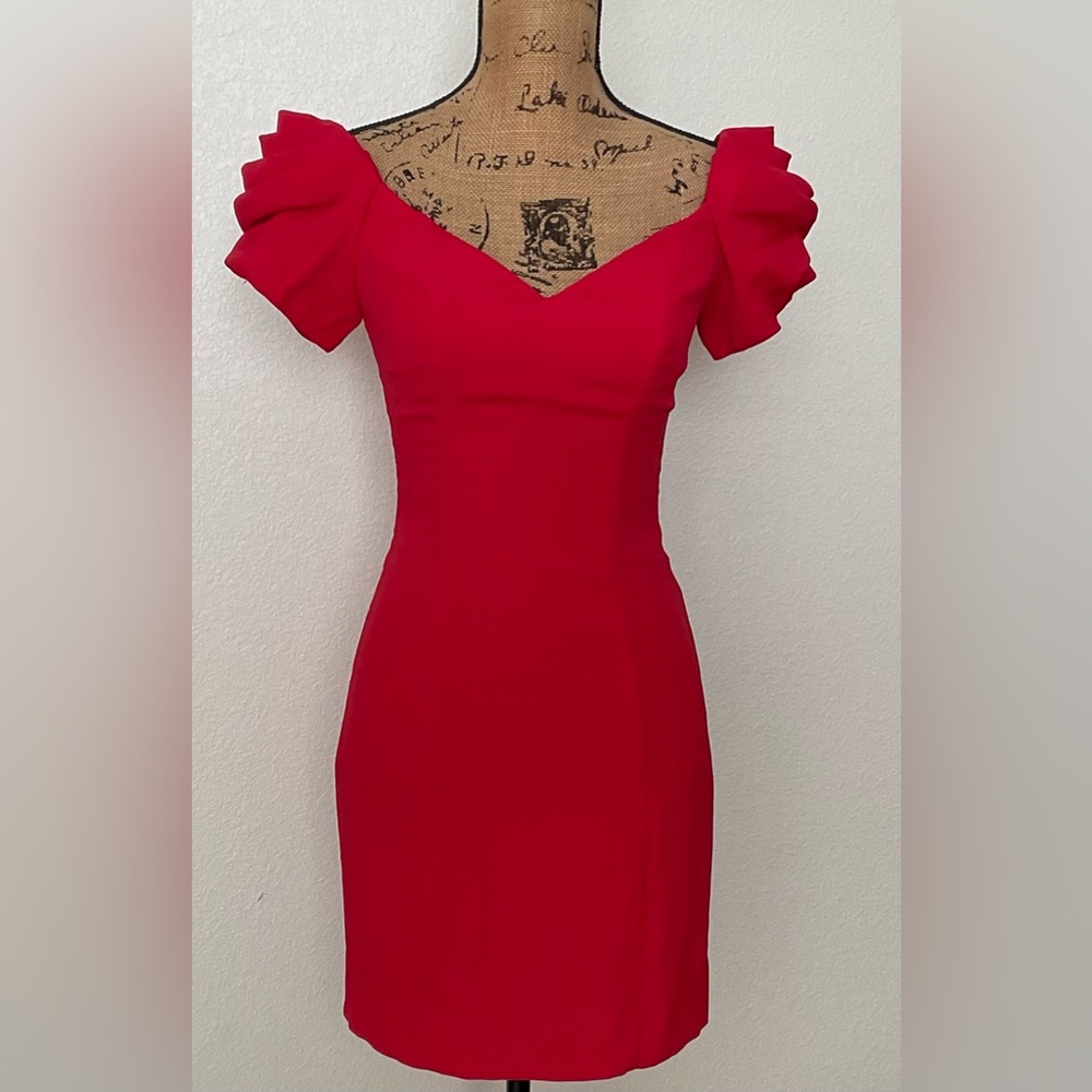 Neiman Marcus Red Off-Shoulder Puff Sleeve Dress Size 4 Acetate & Rayon